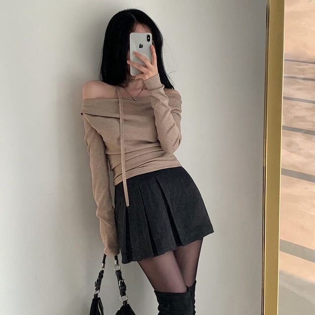💕溫柔春秋純欲露肩+飄帶顯瘦法式上衣