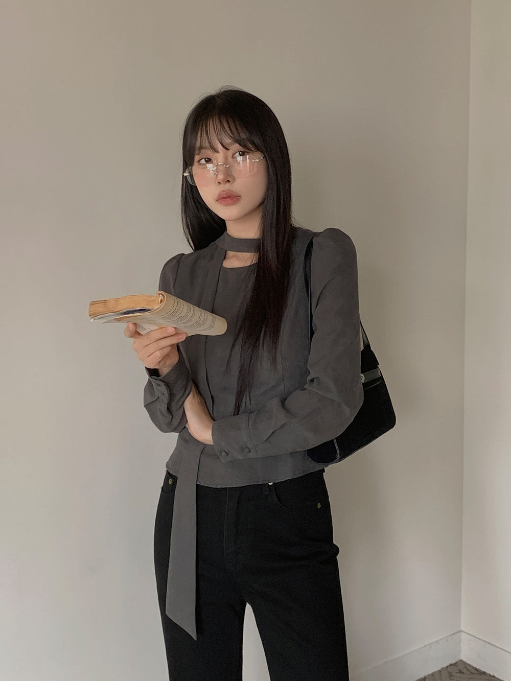 💕ins溫柔飄帶蝴蝶結泡泡袖修身顯瘦上衣