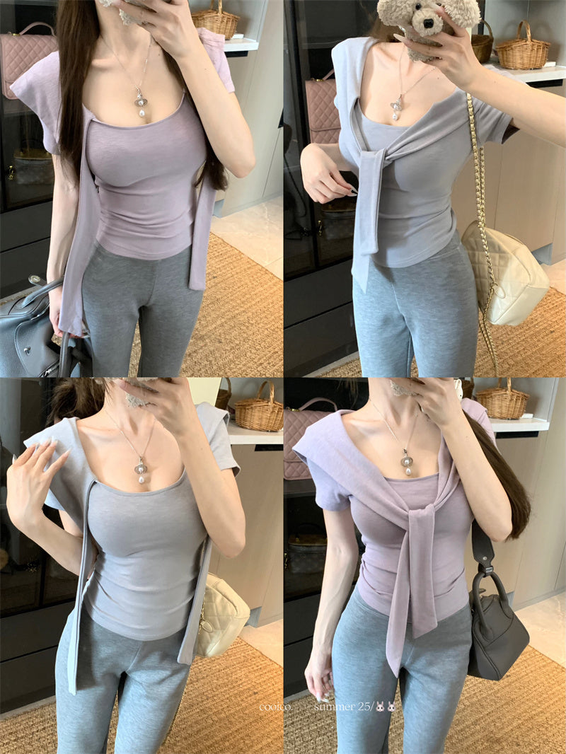 💕夏季綁帶方領短袖通勤百搭套裝