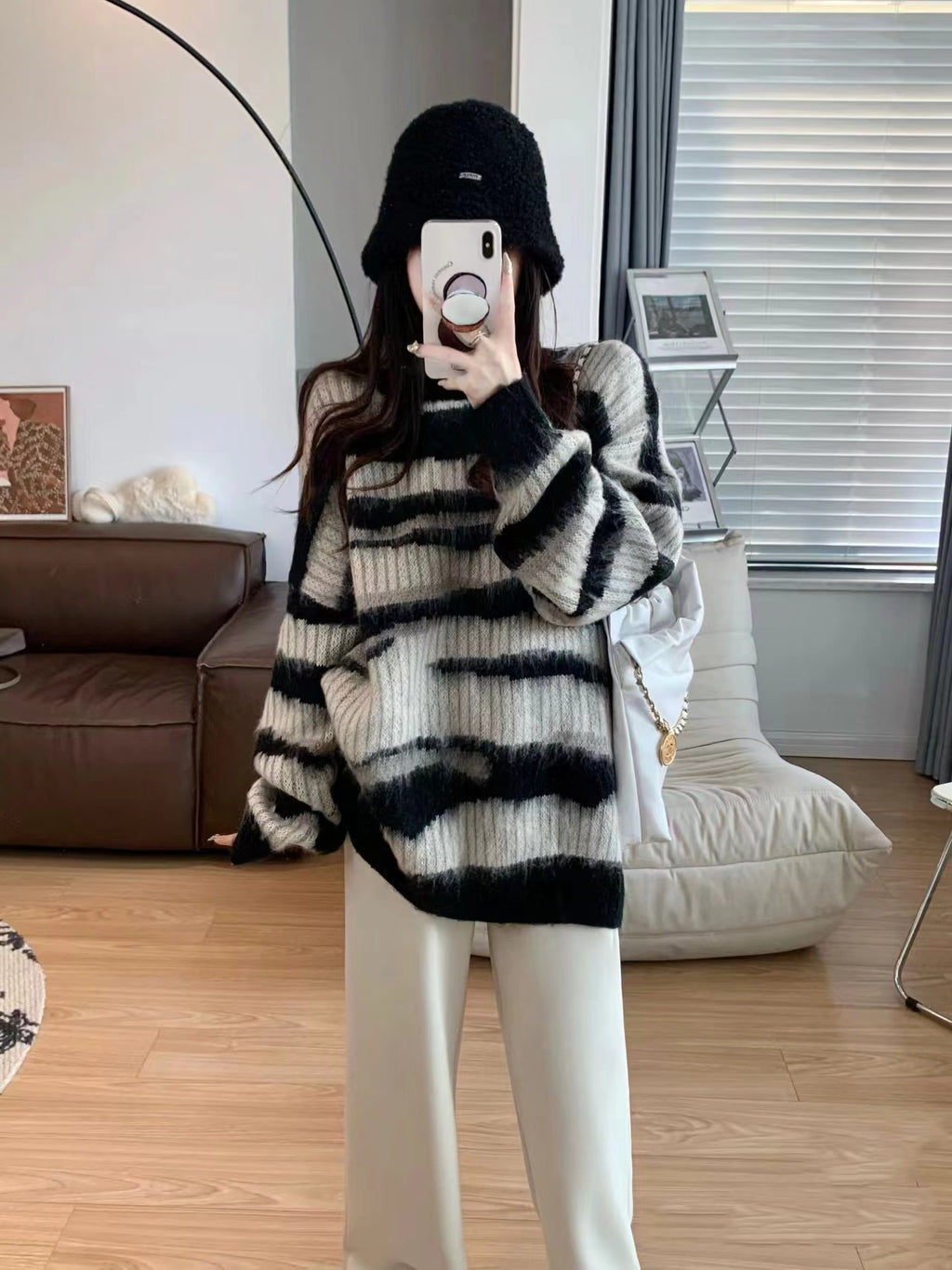 💕韓系ins秋冬撞色條紋慵懶中長毛衣針織衫