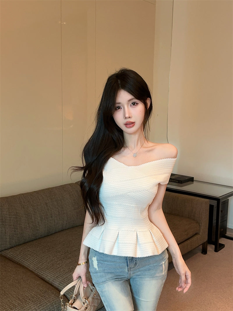 💕一字肩荷葉邊彈力繃帶修身單品上衣