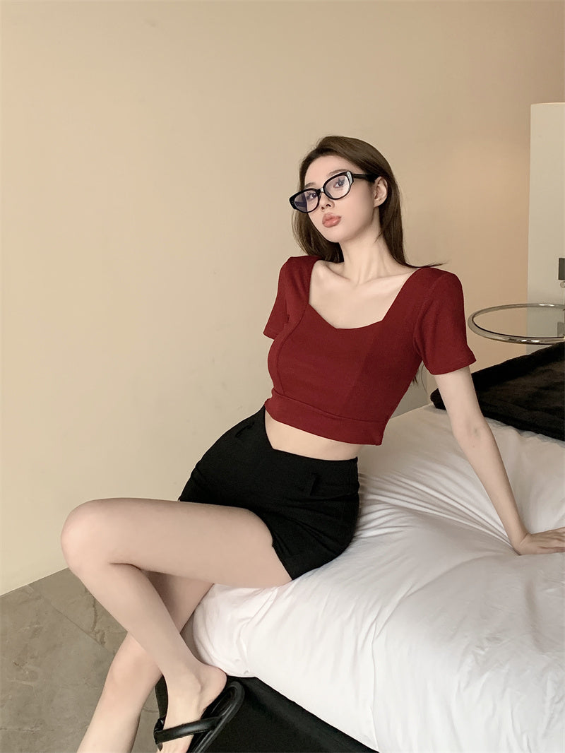 💕方領百搭露鎖骨顯瘦短版露臍上衣