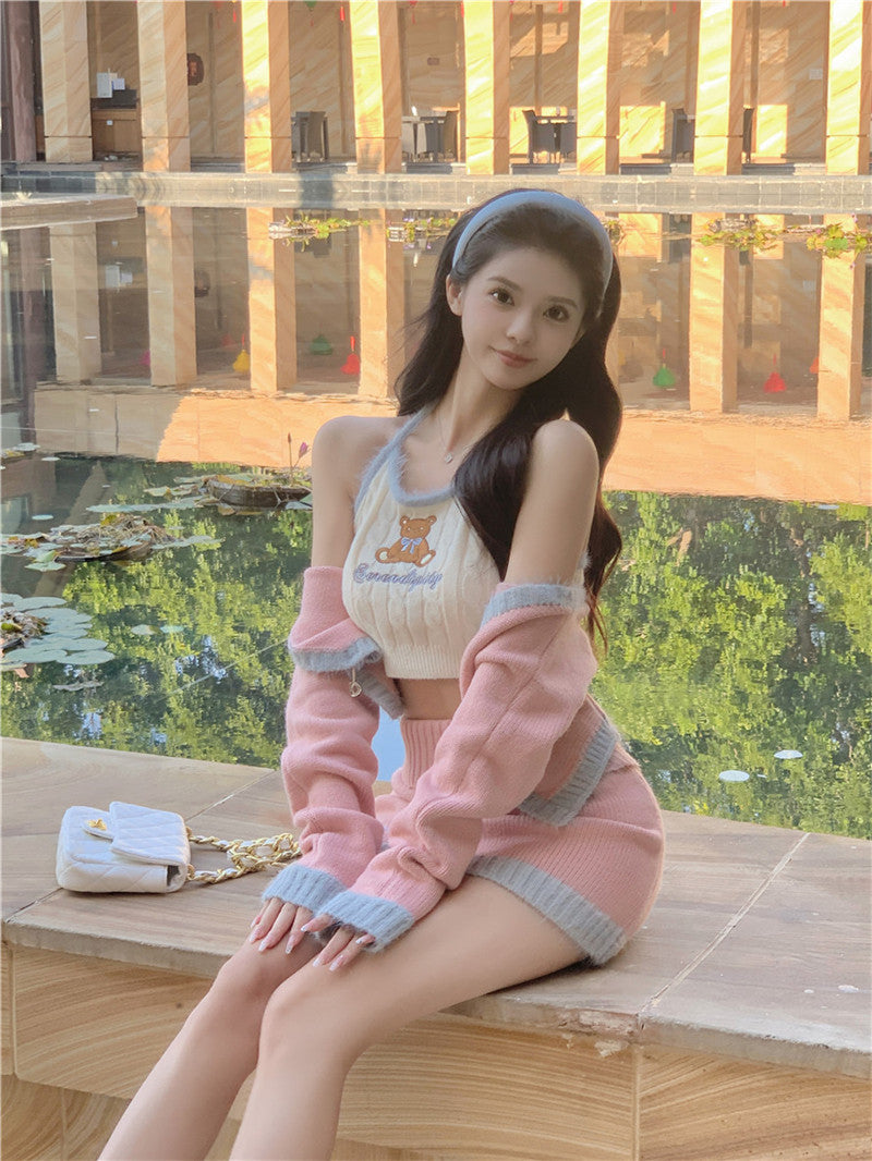 💕辣妹可愛小熊高腰印花拼接針織套裝