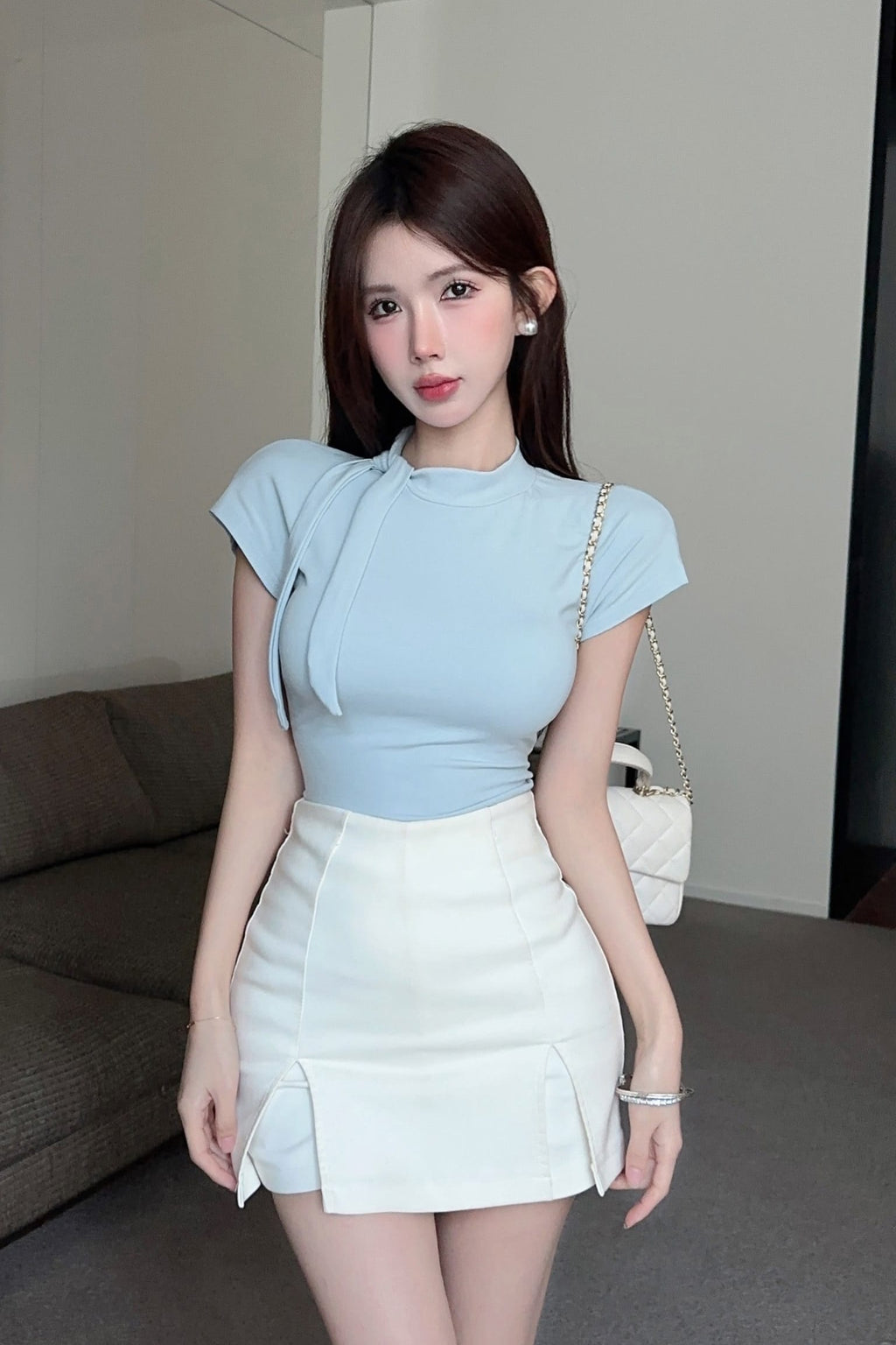 💕夏季設計款系帶圍巾領T袖上衣