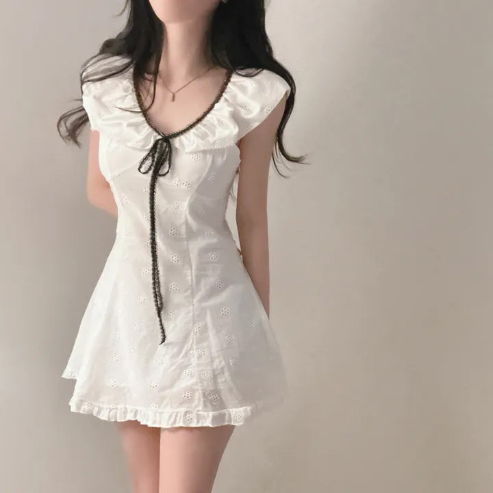 💕chic收腰顯瘦蝴蝶結系繩連衣裙