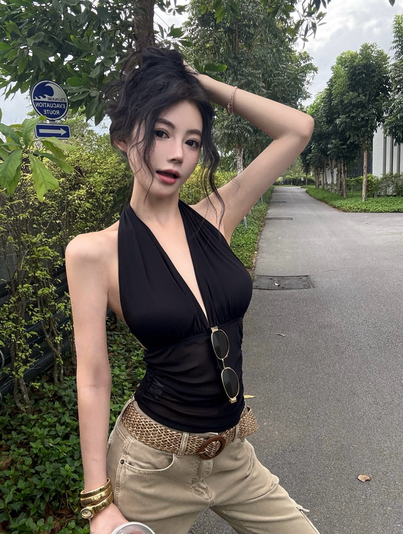 💕時尚V領褶皺掛脖收腰吊帶網紗上衣
