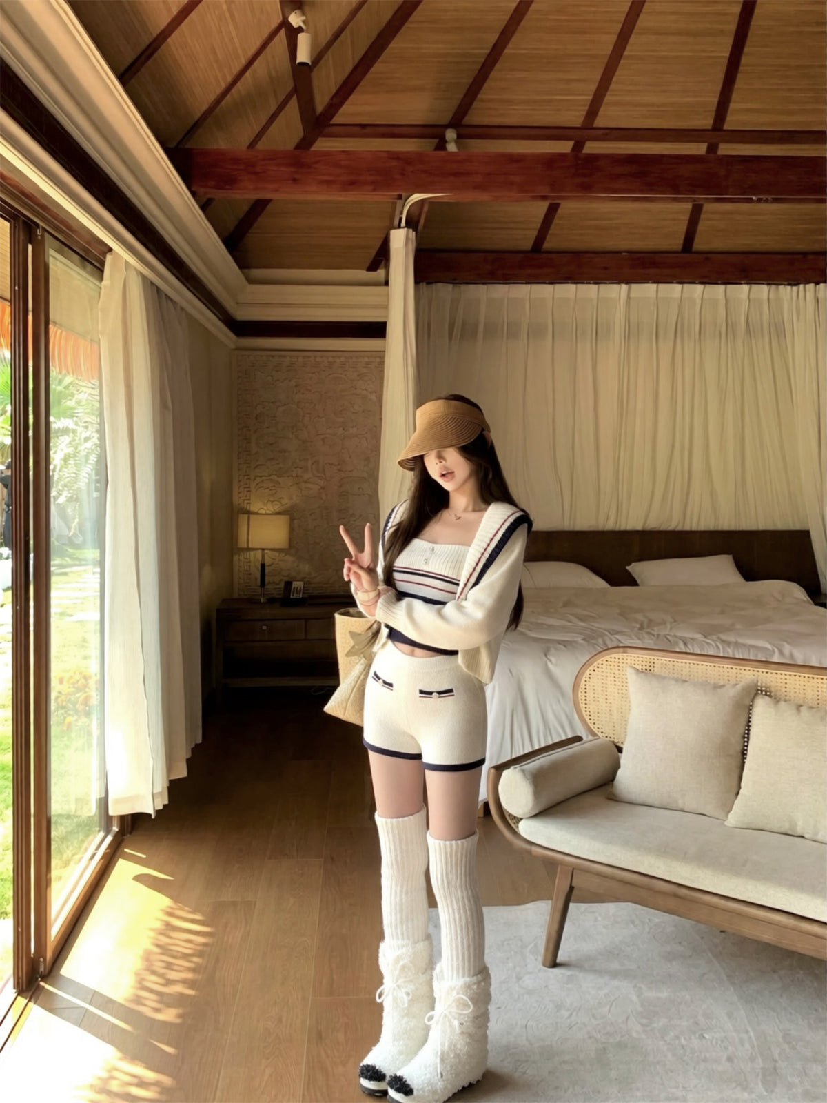💕休閒慵懶條紋大翻領針織背心三件套