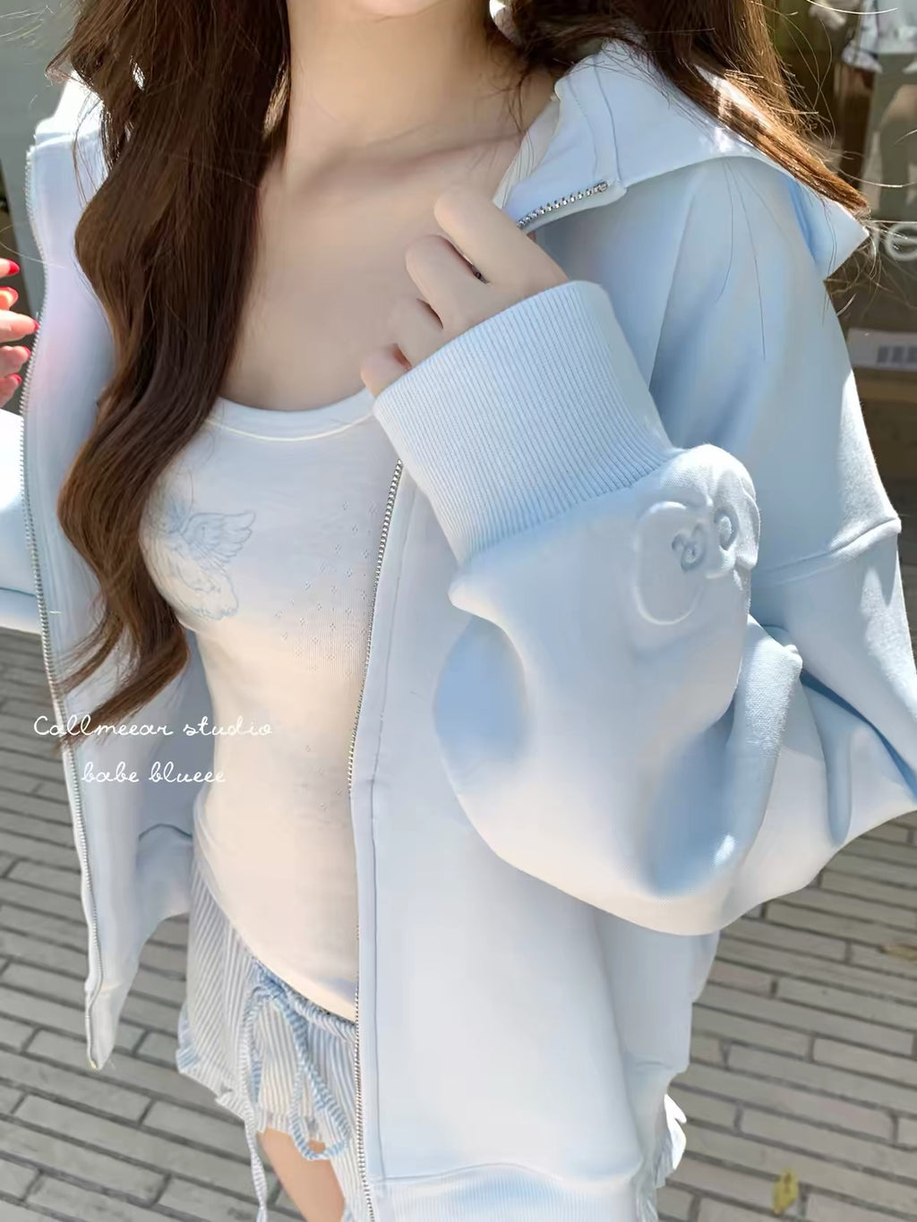 💕氣質立體蝴蝶結凹凸印白金拉鍊連帽外套