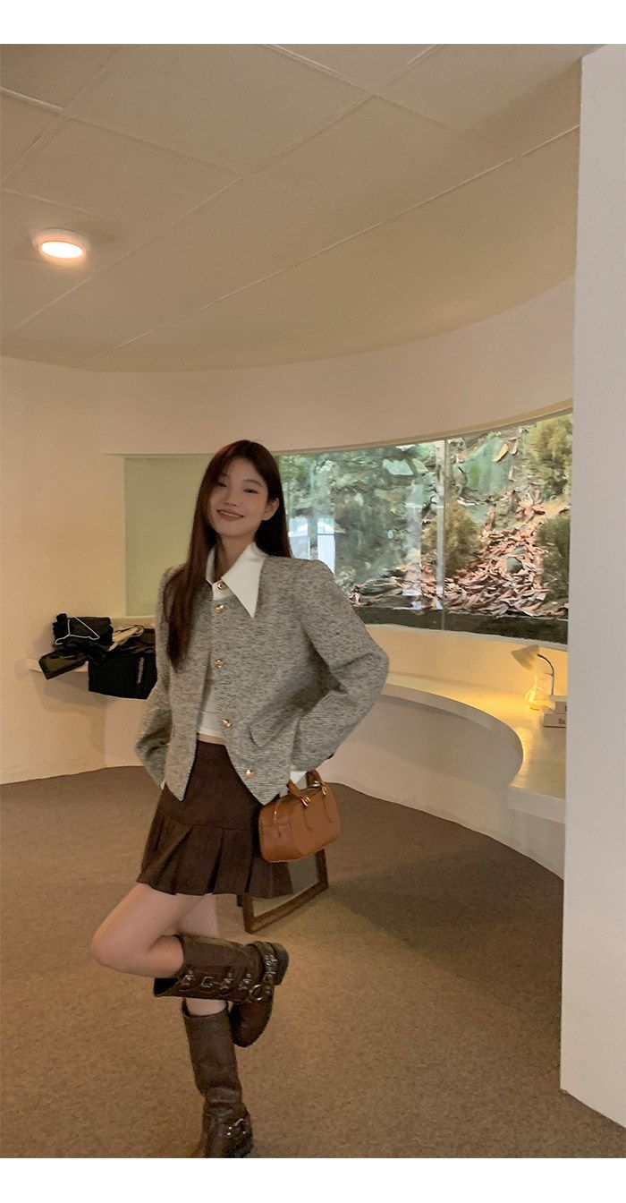 💕韓系秋冬假兩件拼接小香風加墊肩外套