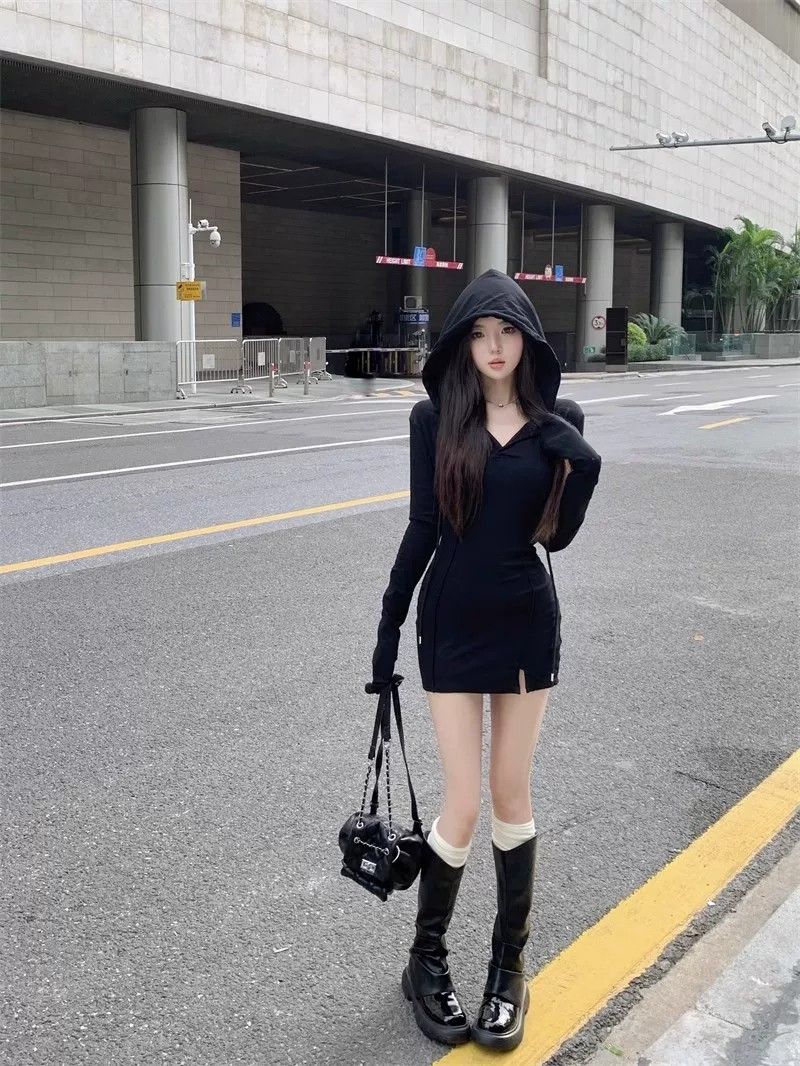 💕簡約純欲辣妹緊身連帽包臀收腰短裙