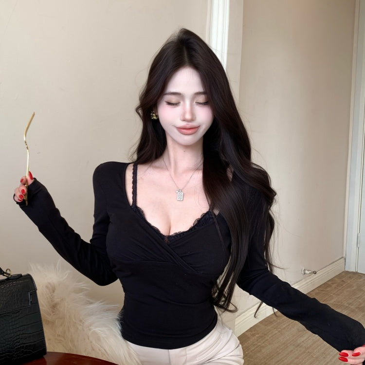 💕辣妹蕾絲拼接假兩件長袖上衣