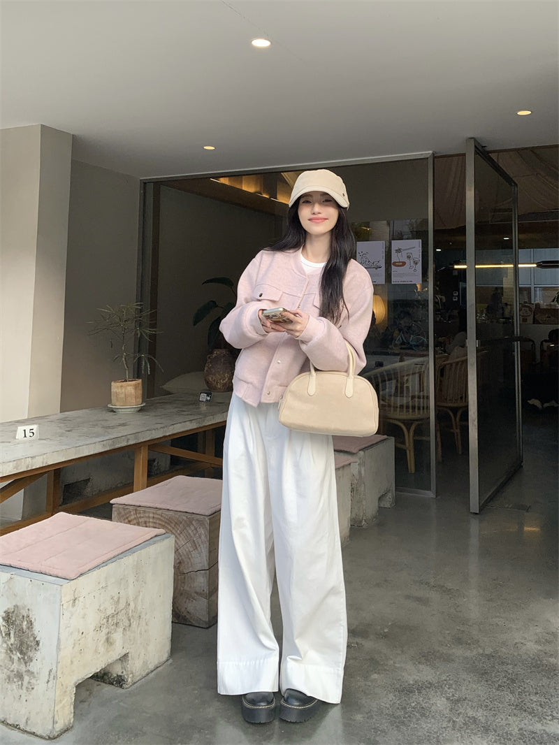 💕韓系通勤粉色棒球短款毛呢外套