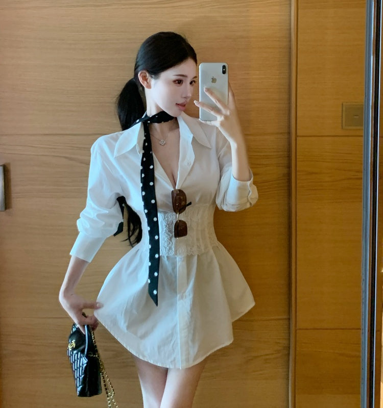 💕辣妹翻領單排扣長款長袖襯衫+蕾絲魚骨綁帶