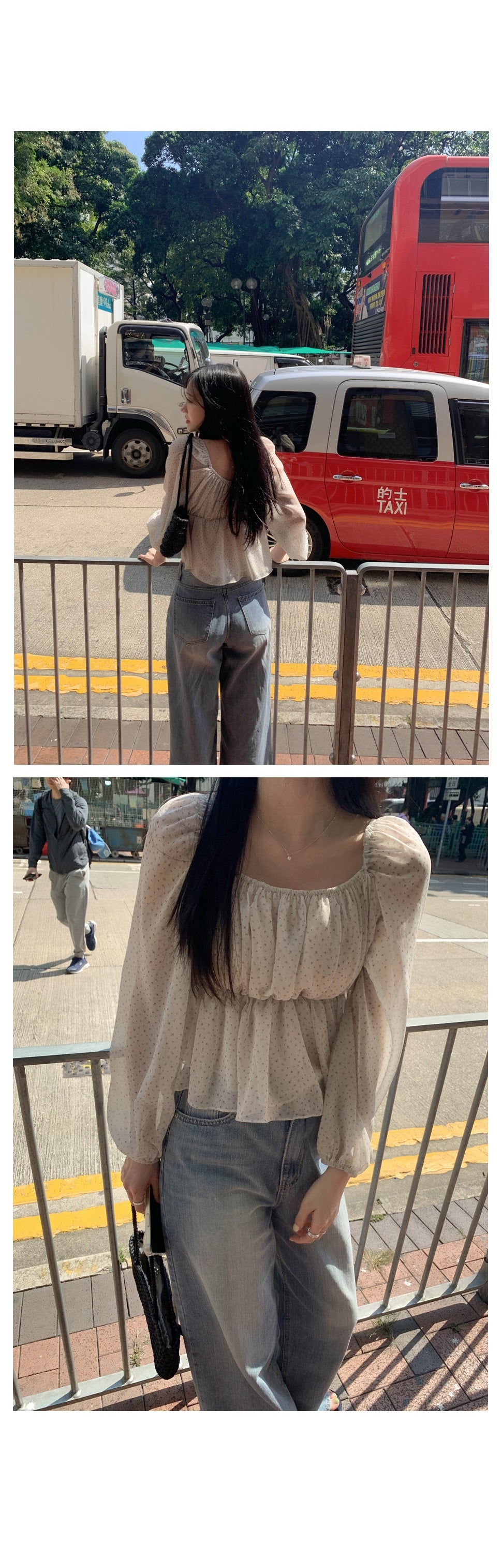 💕ins系法式方領碎花收腰泡泡袖雪紡上衣
