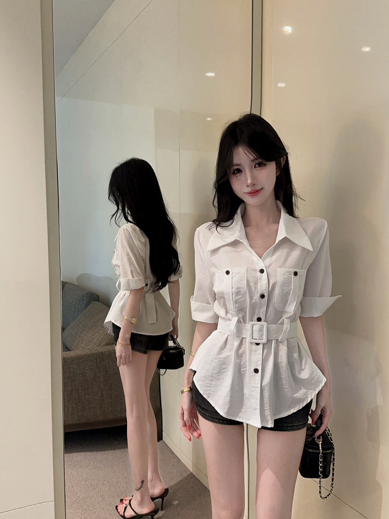 💕港風時尚polo領多口袋七分袖襯衫+腰帶