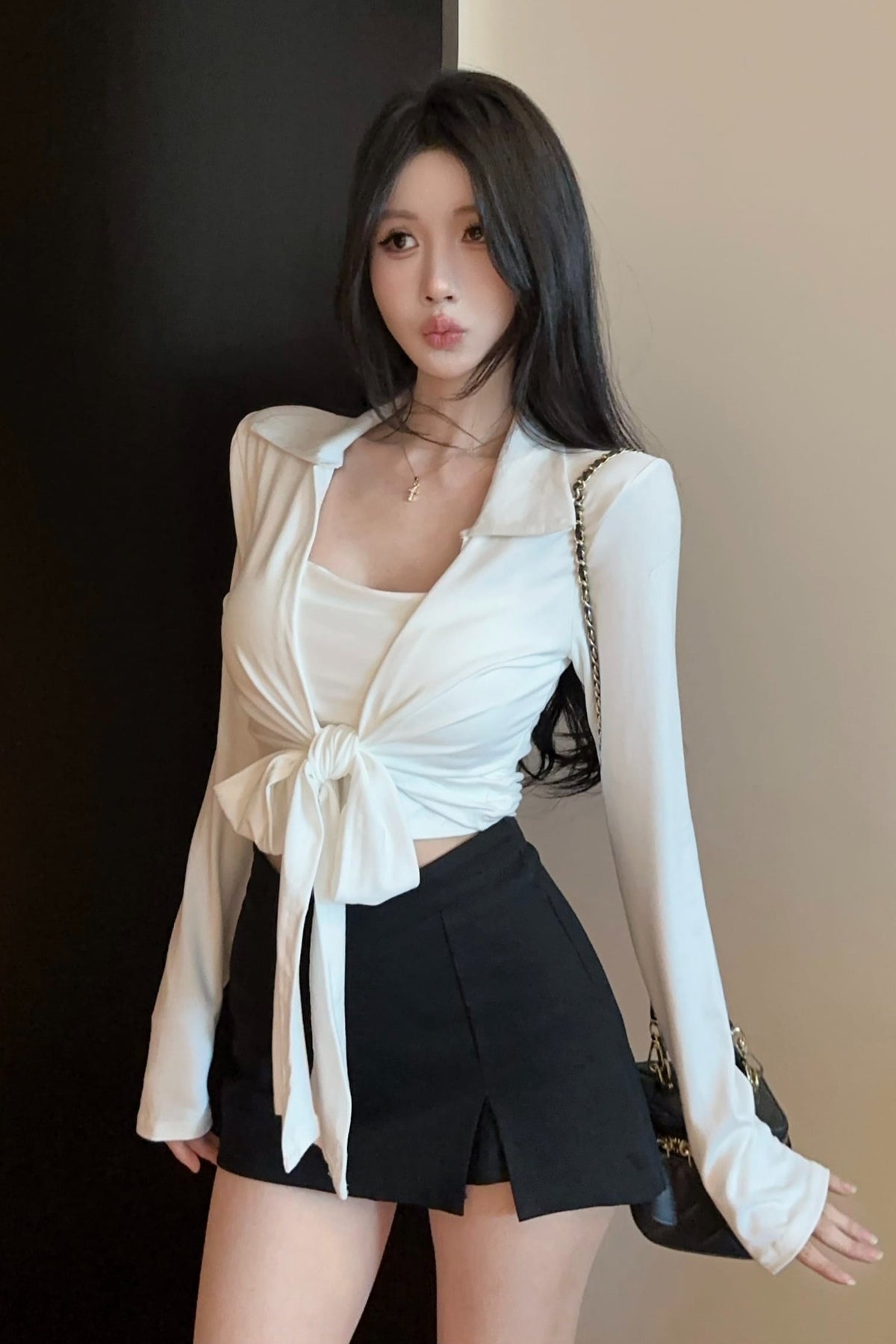 💕綁帶胸墊長袖翻領開衫吊帶兩件套