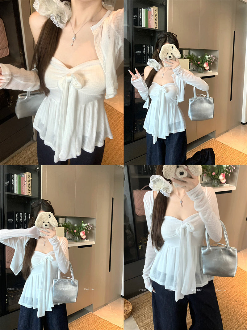 💕清透感白色針織開衫吊帶套裝