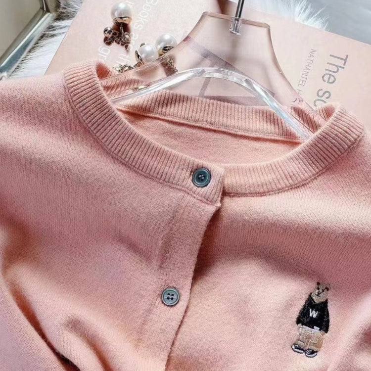 💕美式復古小熊刺繡圓領灰色毛衣外套