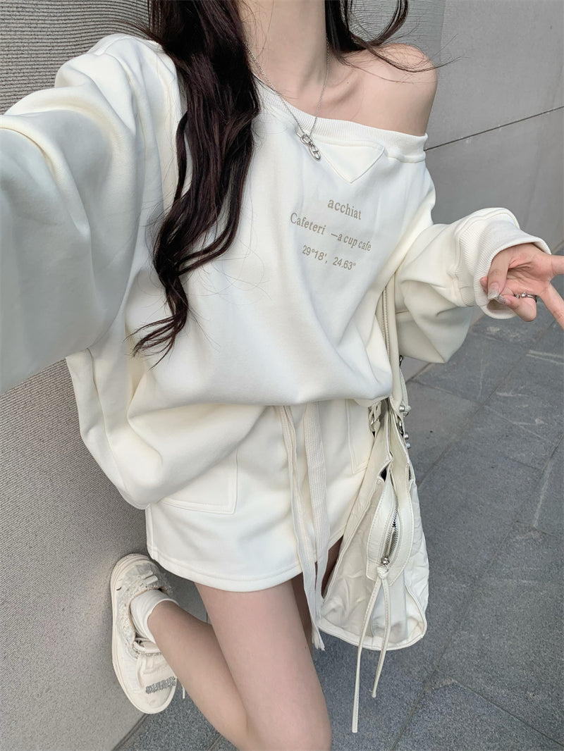 💕休閒簡約百搭一字肩印花長袖衛衣套裝