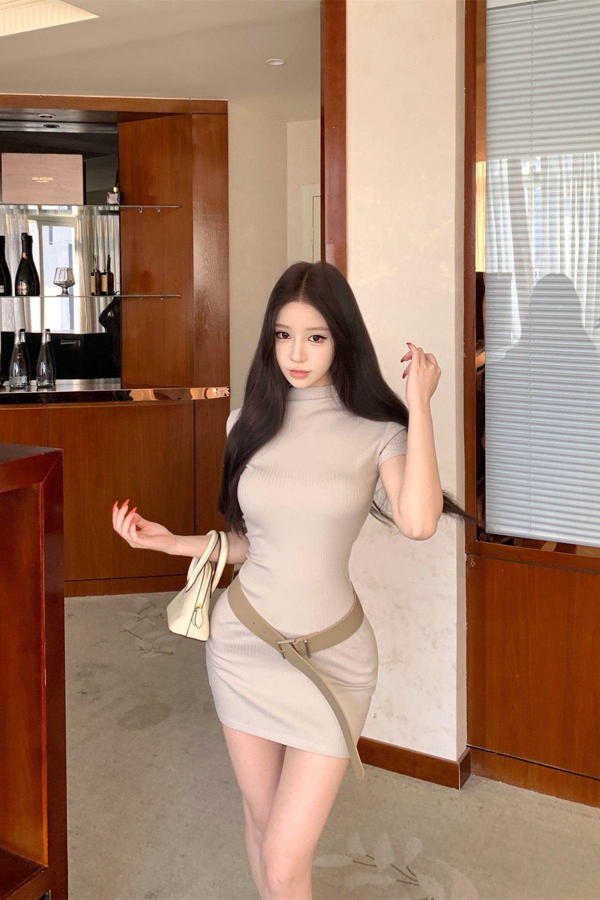 💕韓系法式高級感半高領短袖連衣裙