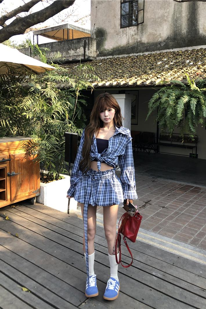 💕藍調風復古格紋襯衫短款褲裙兩件套