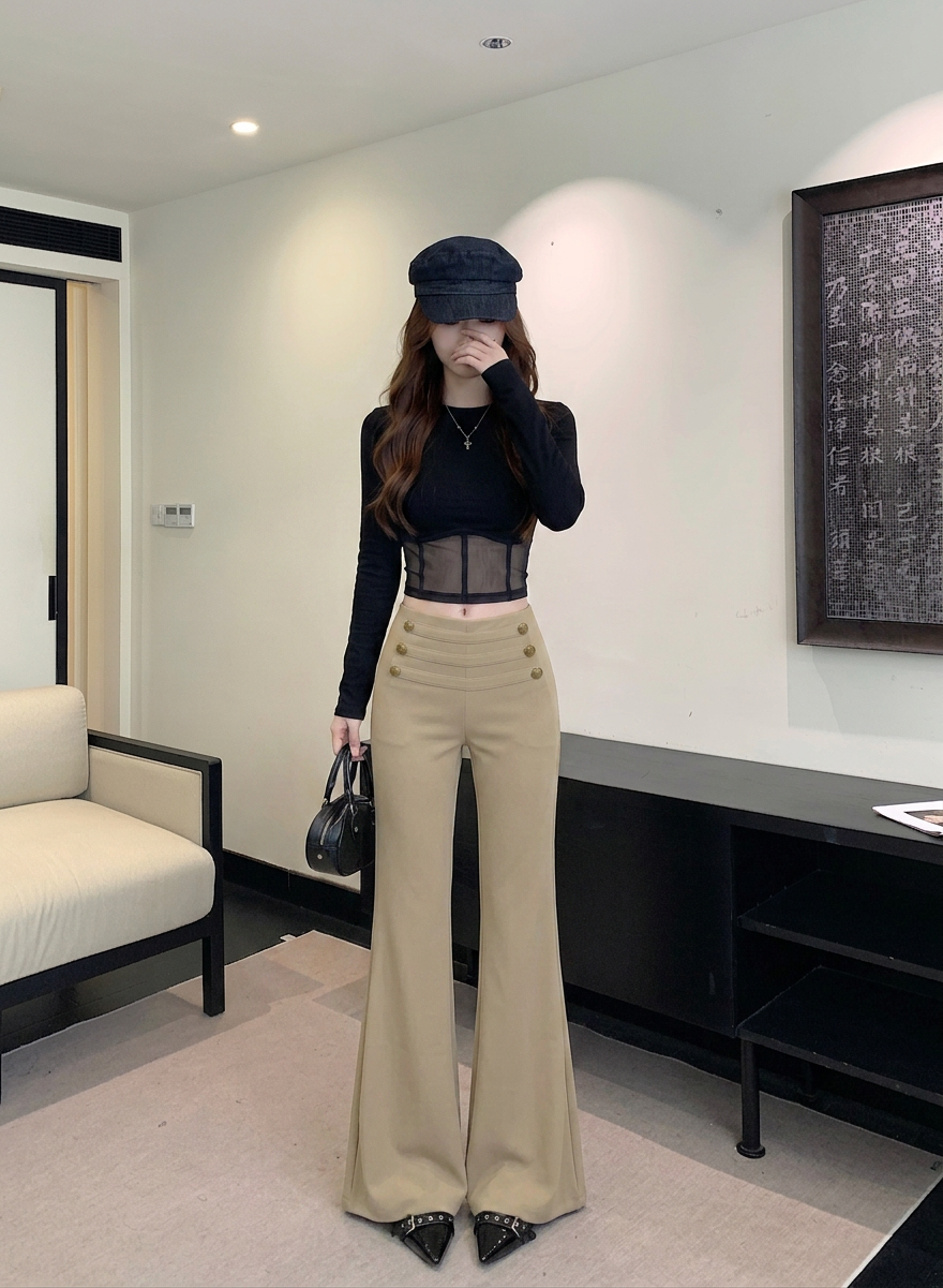 💕韓系辣妹純欲修身顯瘦高腰微喇叭長褲+百搭上衣