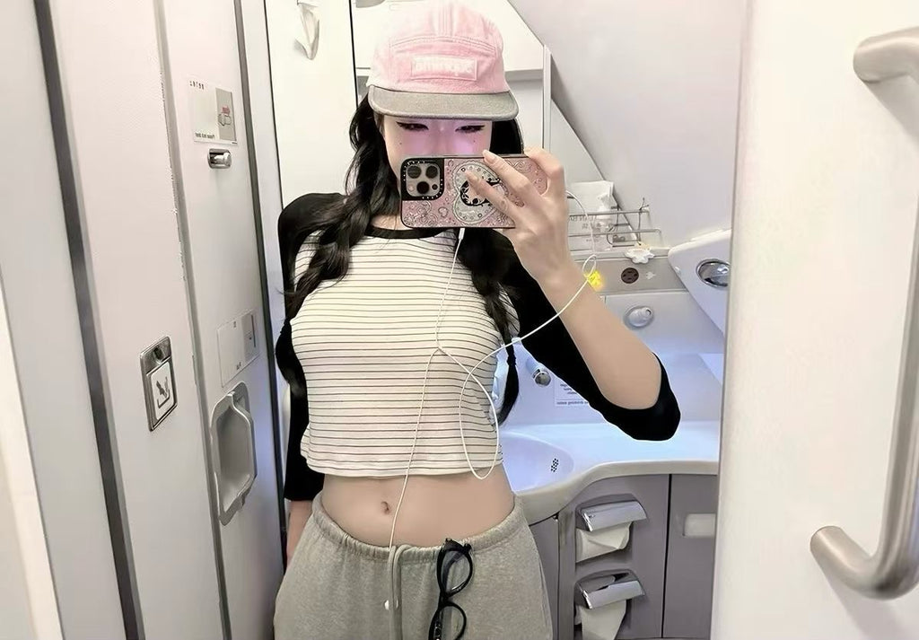 💕休閒百搭撞色短款露臍長袖上衣