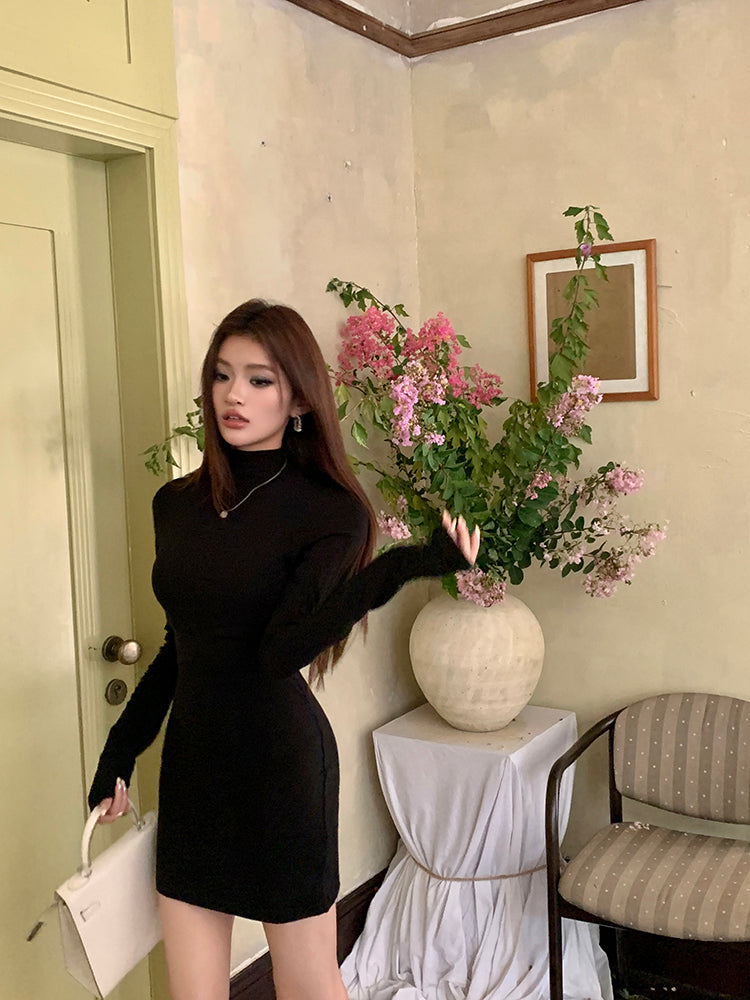 💕秋冬抓絨絲滑質感高領打底顯瘦連身包臀短裙