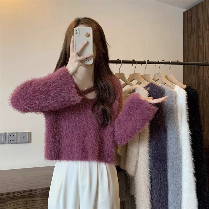 💕秋冬慵懶軟糯水貂毛短款上衣