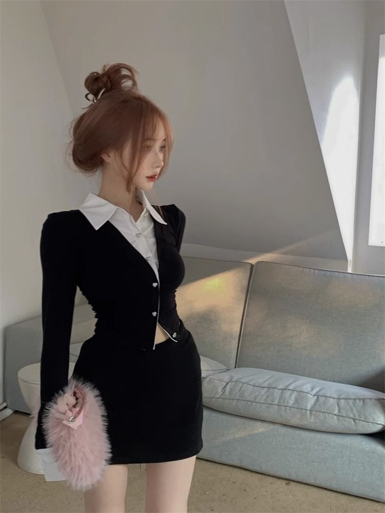 💕純御辣妹修身短款黑色假兩件長袖襯衫