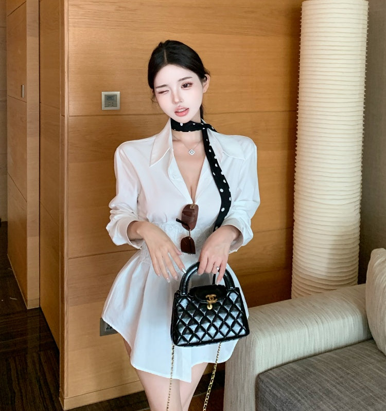 💕辣妹翻領單排扣長款長袖襯衫+蕾絲魚骨綁帶