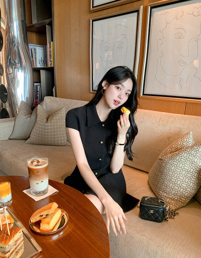 💕韓系氣質小香風翻領收腰小黑裙