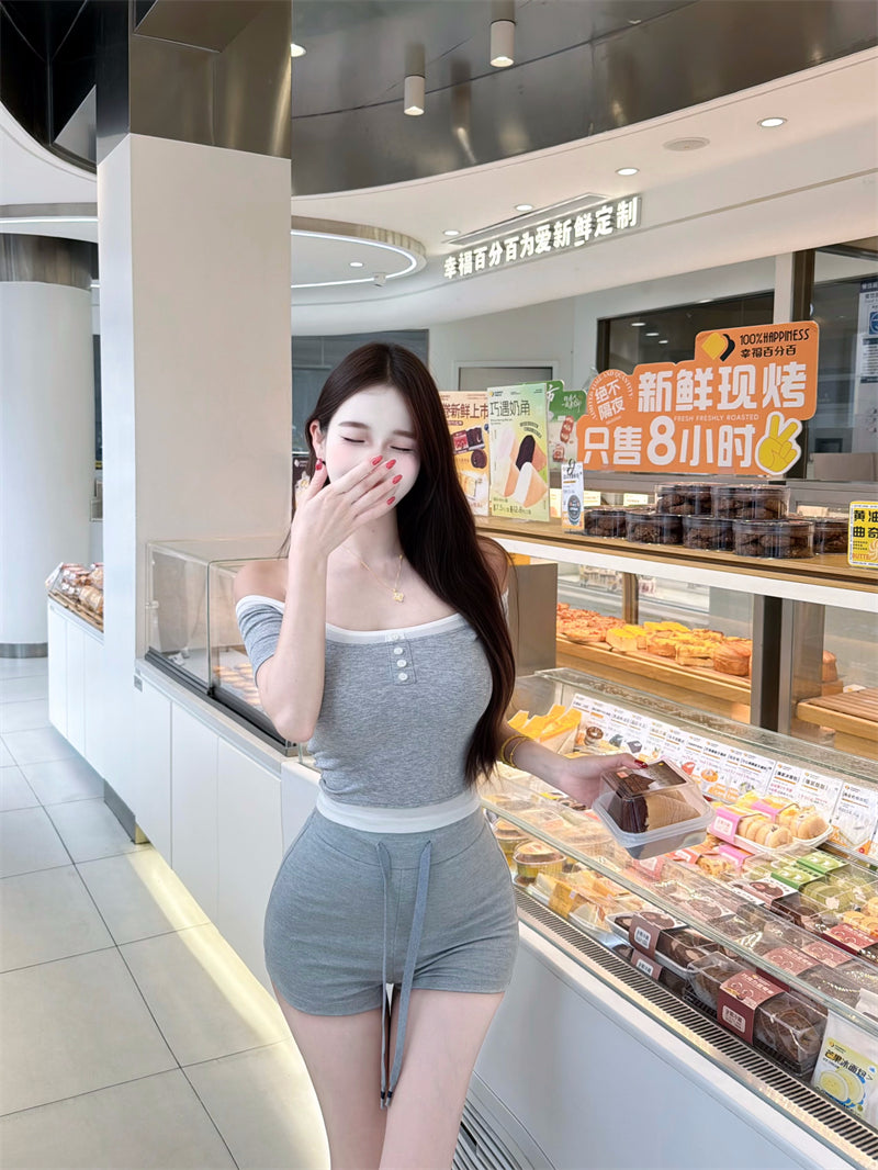💕韓系假兩件撞色斜肩露肩上衣