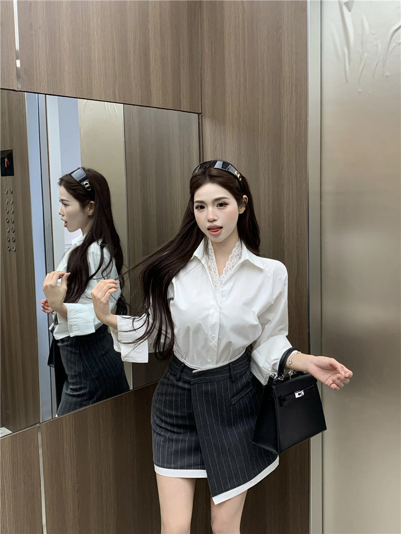 💕氣質翻領蕾絲花邊長袖襯衫不規則半身裙兩件套