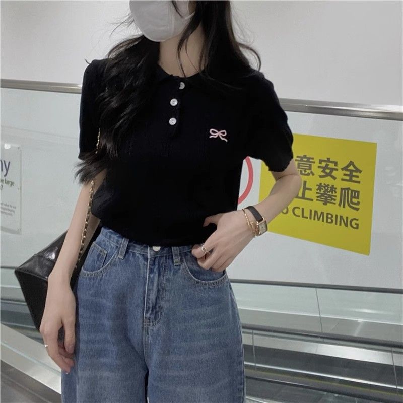 💕百搭甜美POLO領蝴蝶結刺繡針織衫
