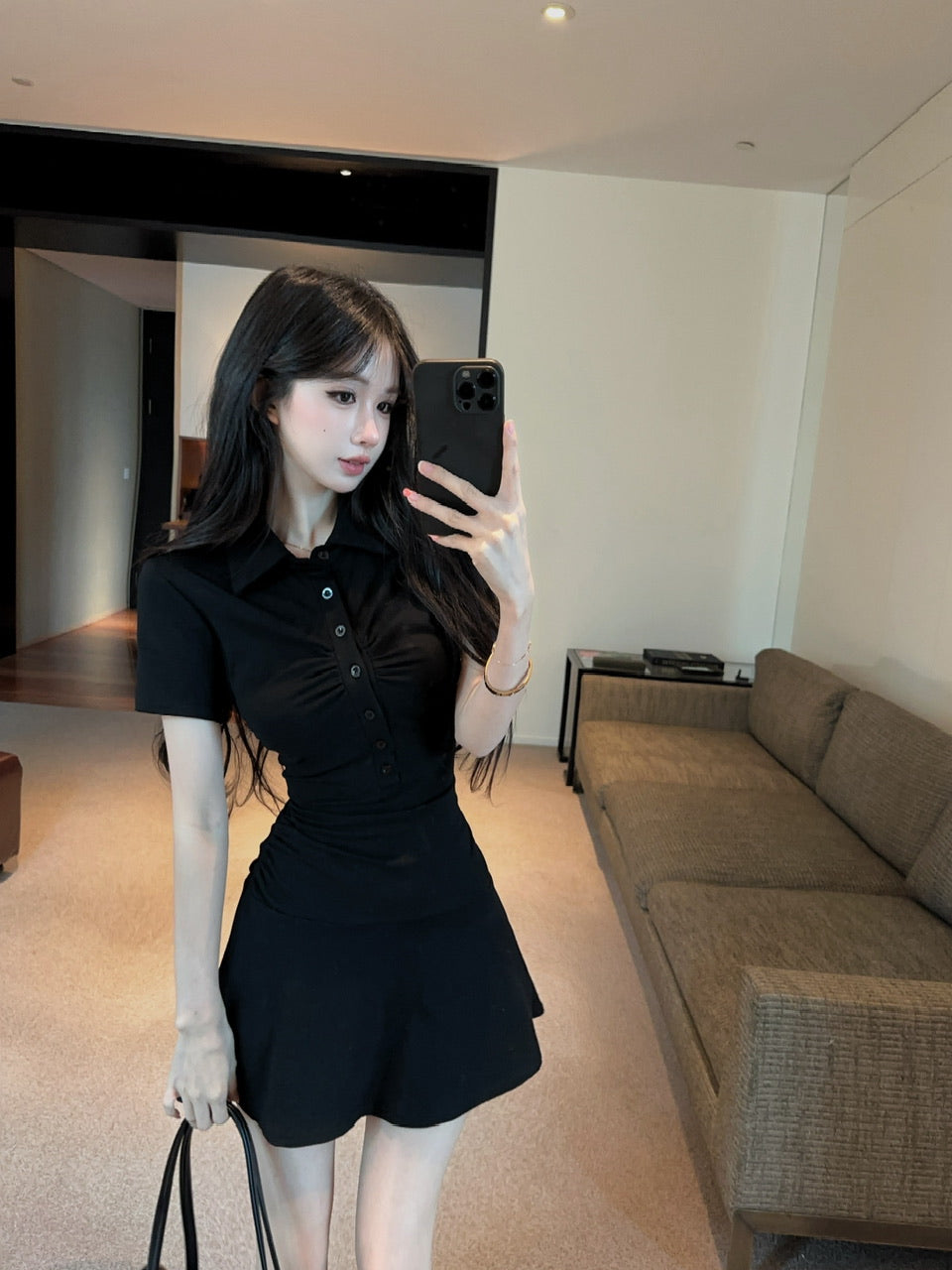 💕顯瘦百搭翻領收腰黑色翻領短袖大擺連衣裙