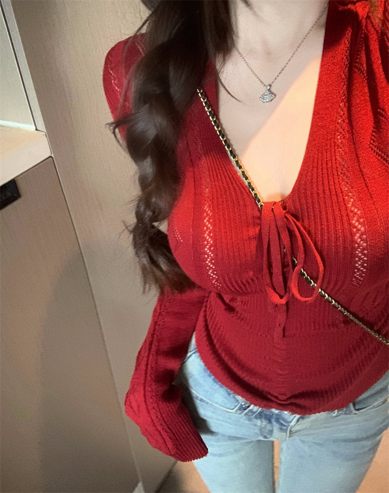 💕百搭簡約蝴蝶結系帶V領長袖針織顯瘦上衣