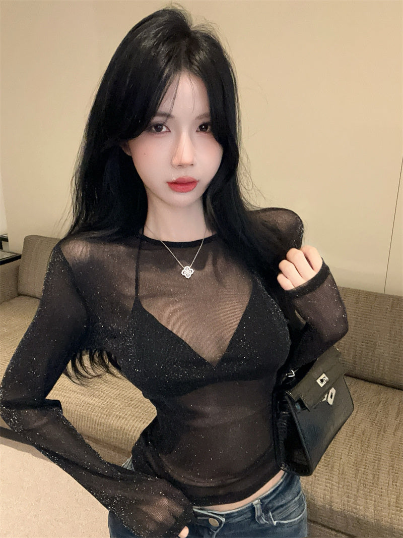 💕韓系高級感細閃網紗微透性感內搭打底衫上衣