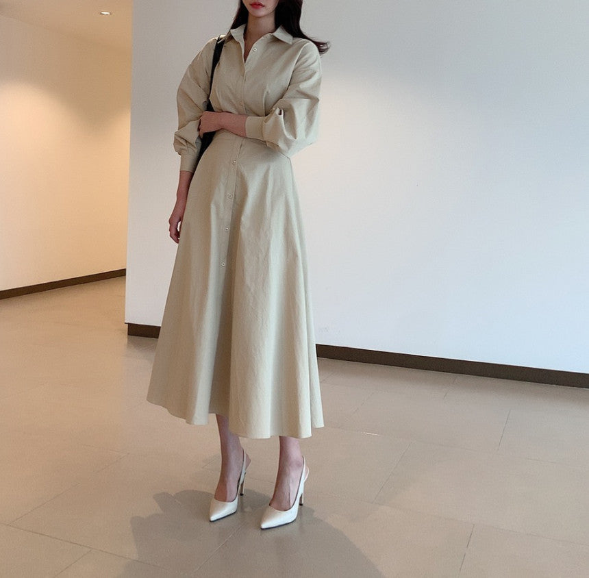 💕chic通勤簡約法式收腰顯瘦襯衫連身長裙