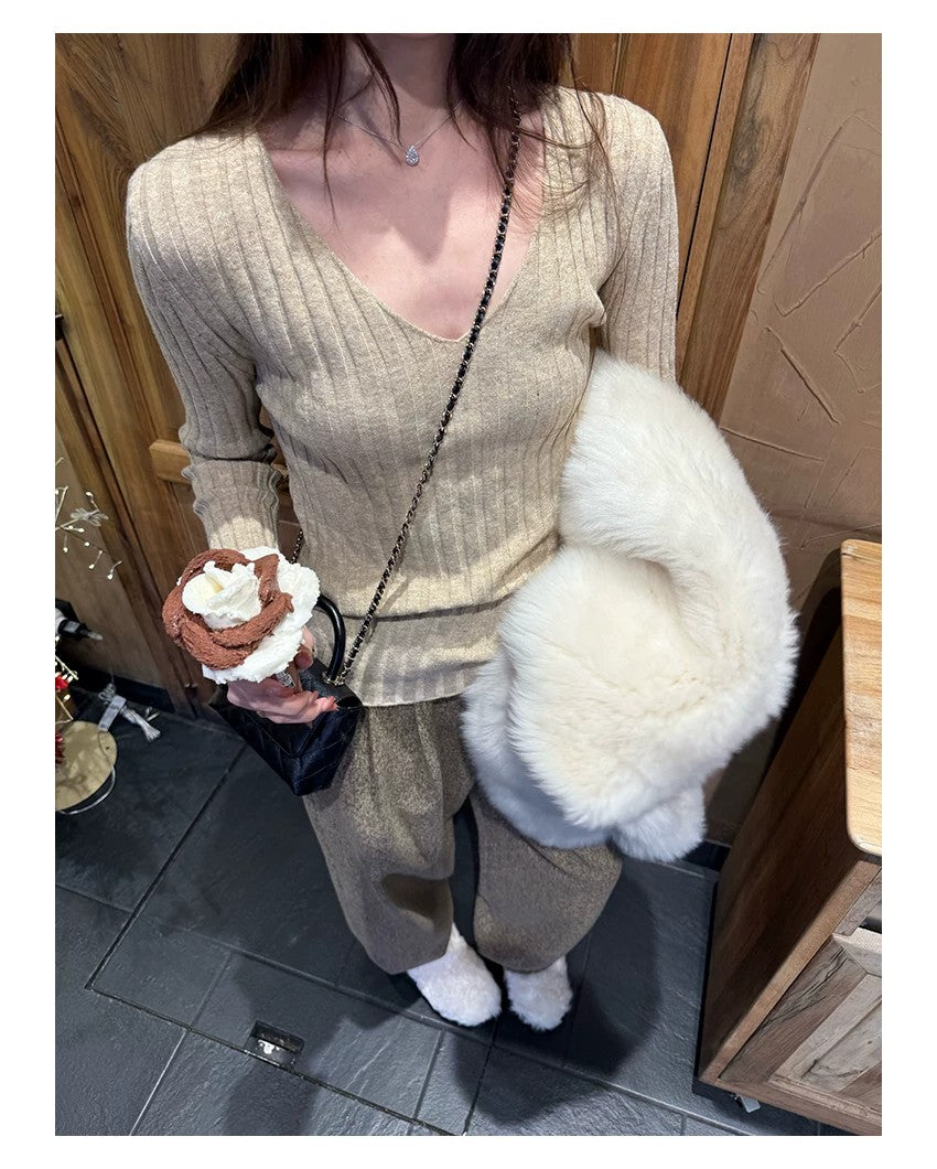 💕簡約百搭通勤V領針織打底修身顯瘦上衣