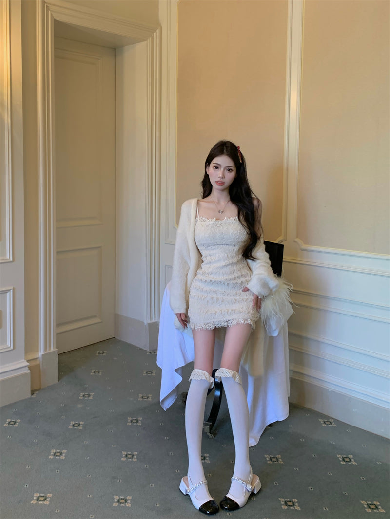 💕溫柔秋冬慵懶風修身蕾絲吊帶裙開衫兩件套