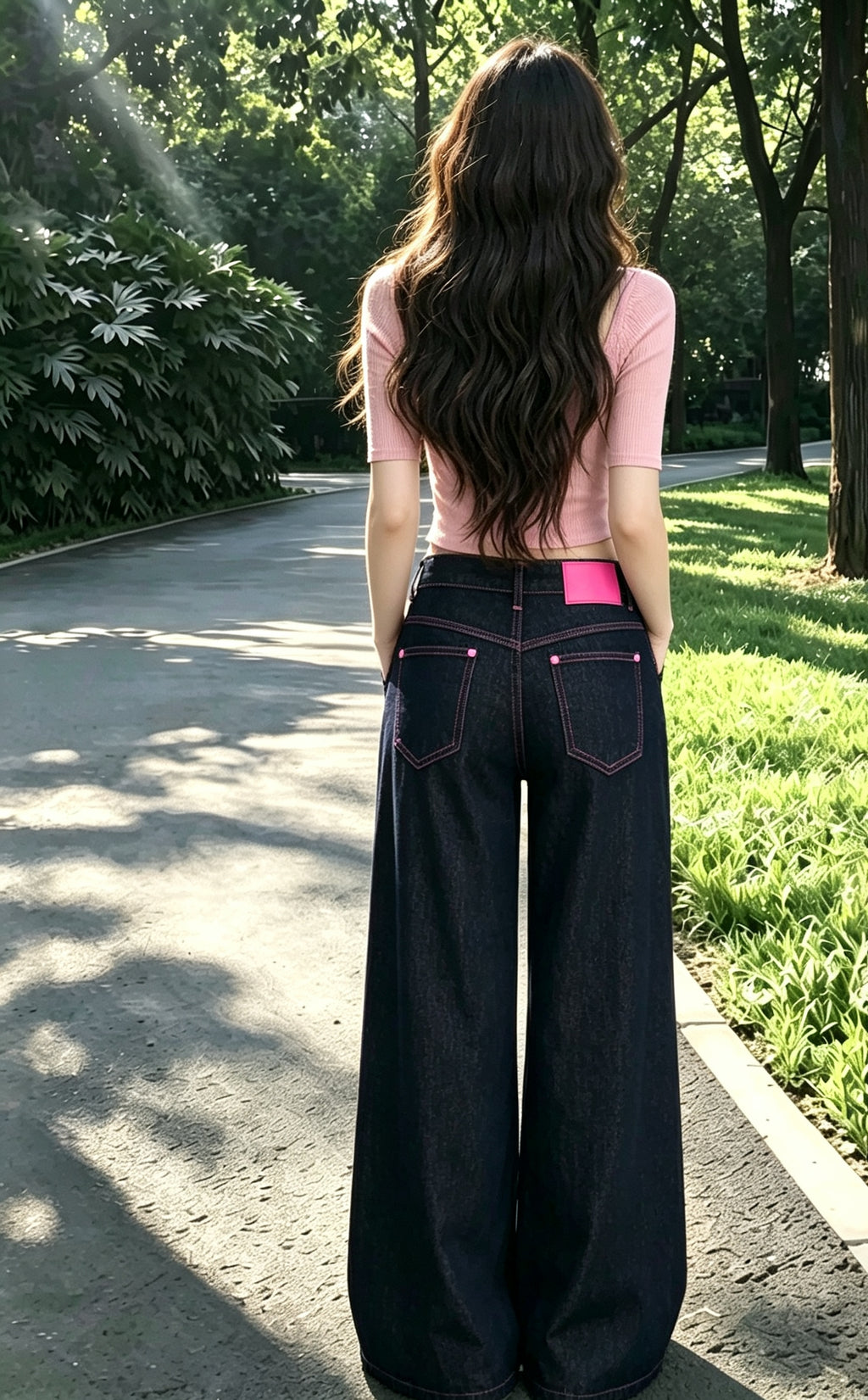 💕氣質設計感粉色線復古闊腿牛仔直口褲