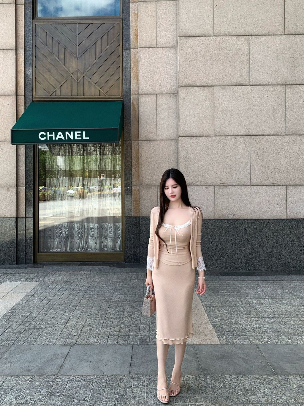 💕溫柔御姊休閒蕾絲吊帶半身裙三件套