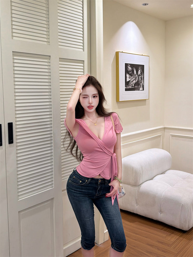 💕氣質優雅交叉V領綁帶T袖上衣