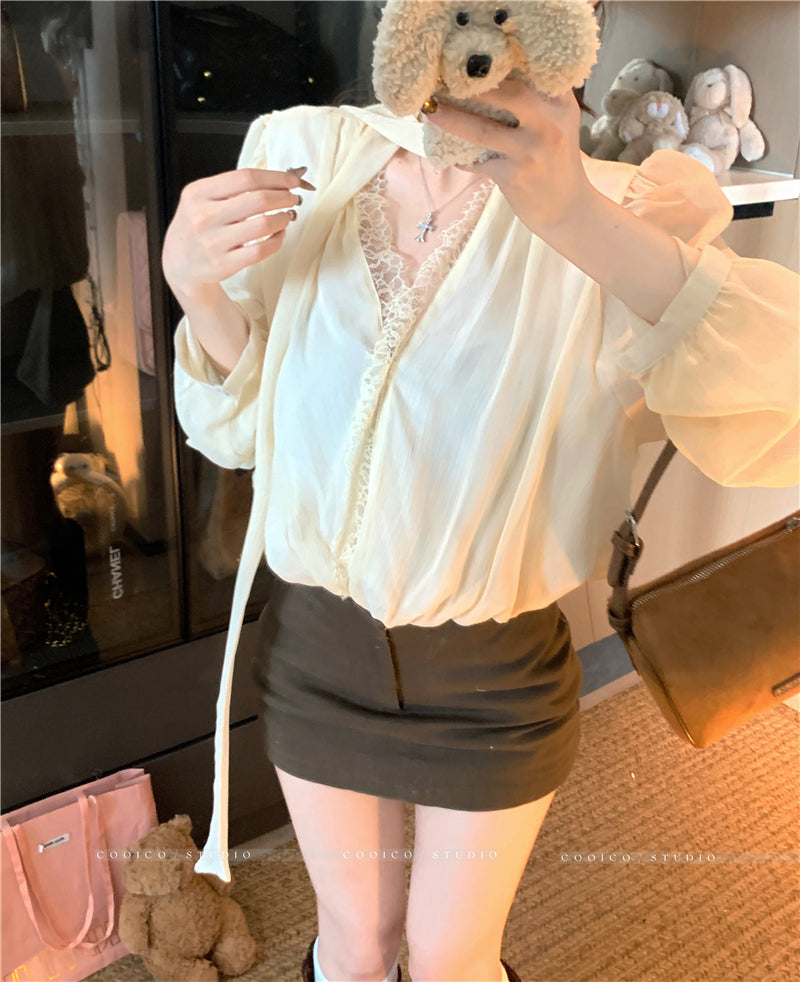 💕貴奢女主V領花苞雪紡飄帶上衣