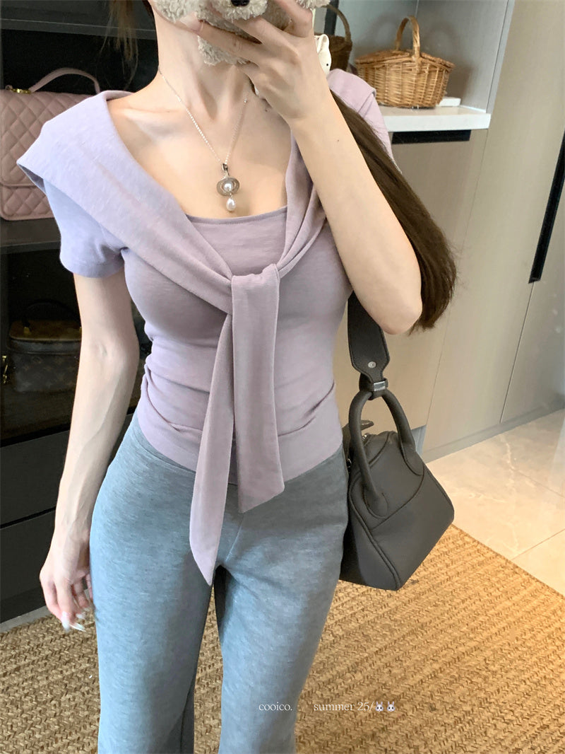 💕夏季綁帶方領短袖通勤百搭套裝