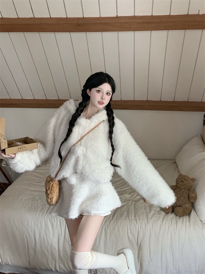 💕超可愛軟糯毛絨絨小熊保暖外套+半裙套裝