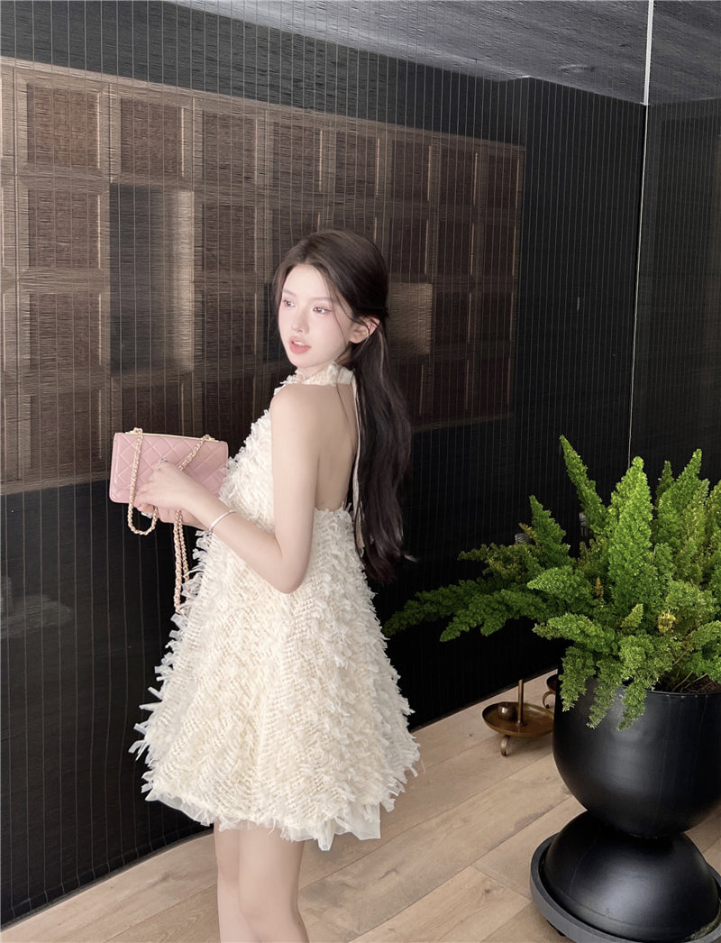 💕流蘇露背掛脖連身裙
