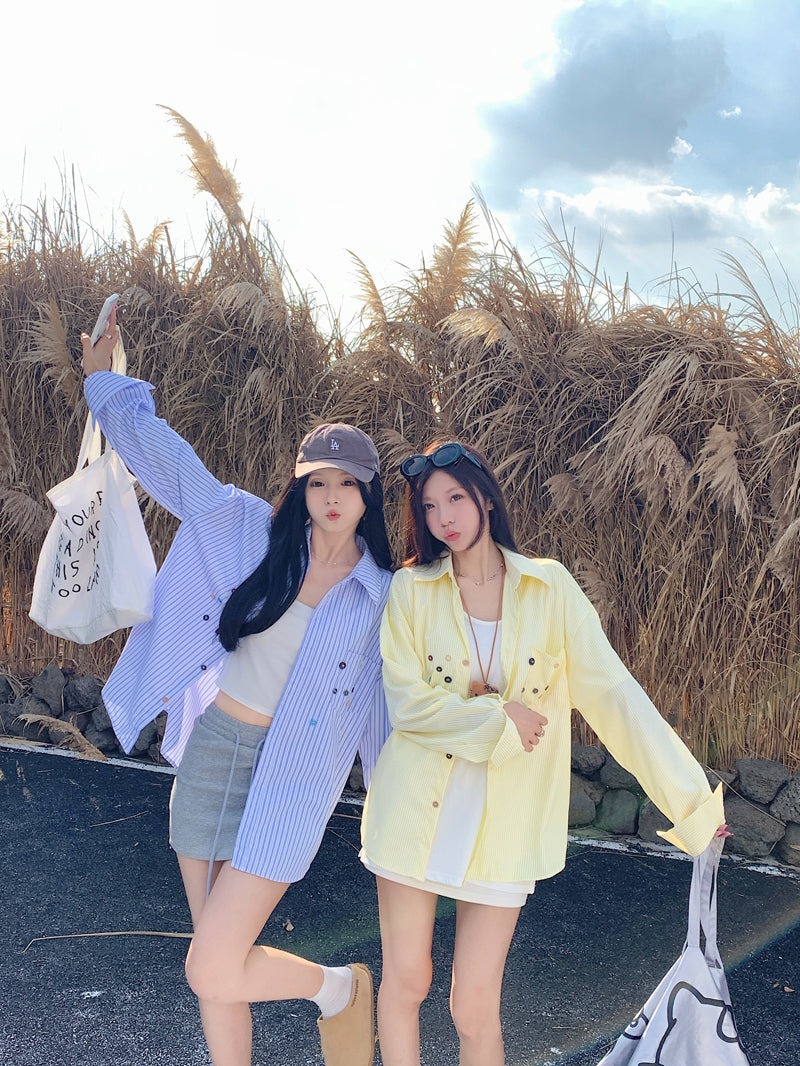 💕青春寬鬆百搭別緻彩色鈕扣條紋襯衫