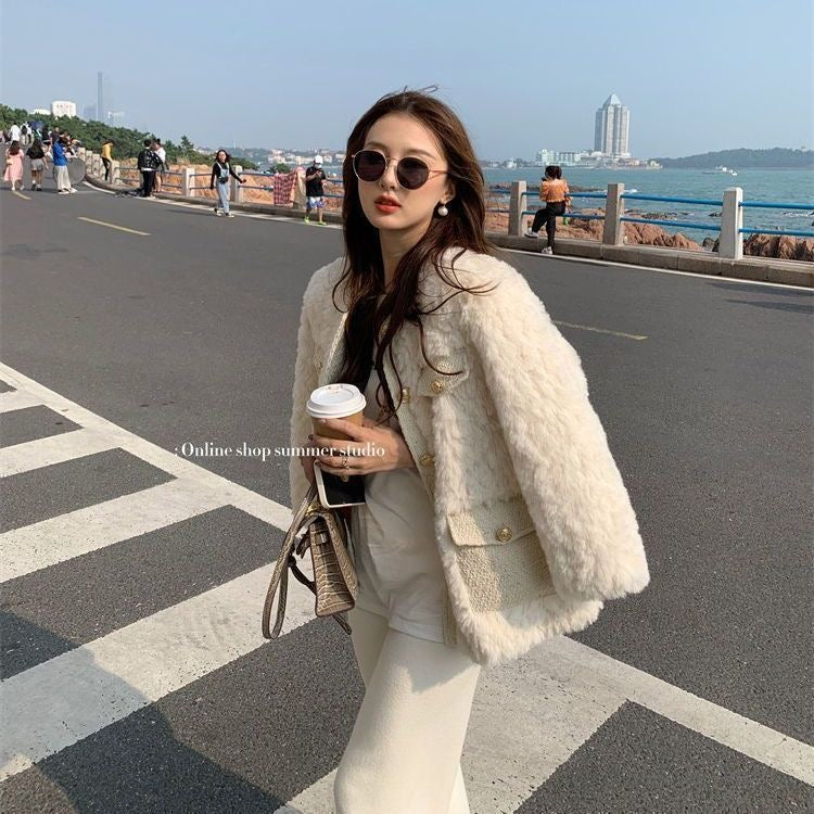 💕小香高級感仿兔毛加厚圓領外套